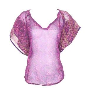 Indian Silk Paisley Batwing Sheer Blouse Purple
